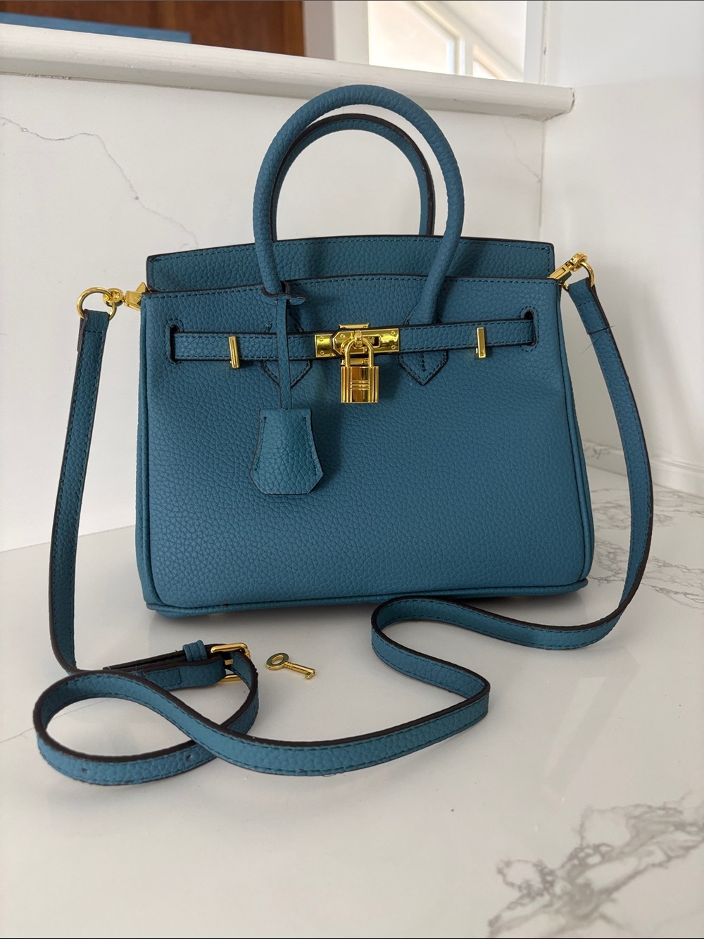 Blue Leather Top-Handle Crossbody Bag with Gold Hardware